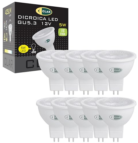 CLAR - Ampoule LED GU5.3 MR16 12 V, 5 W, 6000 K Blanc froid, Non dimmable (Pack 10)