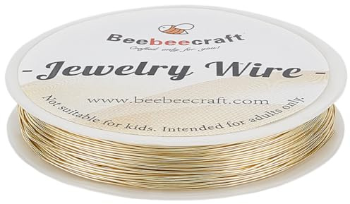 Beebeecraft 1 rulle 50 m, 164 fot koppartråd för smyckestillverkning, 14K guldpläterad mässing, guld, smycketråd, död, mjuk, rund pärlor för gör-det-själv-hantverk (0,6 mm 22 Gauge)