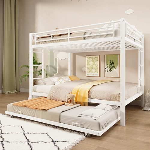 Dolamaní Hochbett Etagenbett 140x200 cm 3 Personen, Metallbett mit Ausziehbett, Hohe Rausfallschutz, Rollebett (Weiß B)