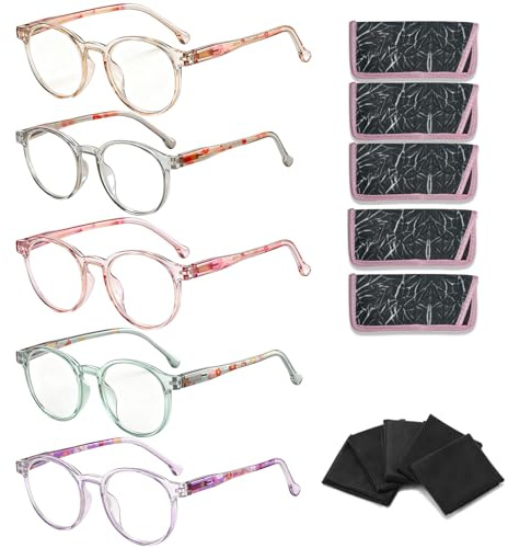 Suertree 5 Pack Lesebrille Damen Blaulichtfilter Runde Computerbrille Komfortable Federscharnier Reading Glasses Lesehilfe Sehhilfe Augenoptik Brille Antiblaue +1.5X