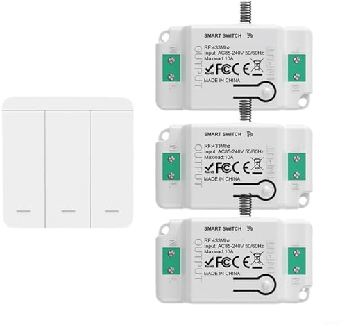 Juego de interruptores de luz con mando a distancia, panel de pared de 3 vías y 3 receptores, señal RF de 433 MHz para un alcance de hasta 200 m en el exterior y 30 m en el interior, no requiere
