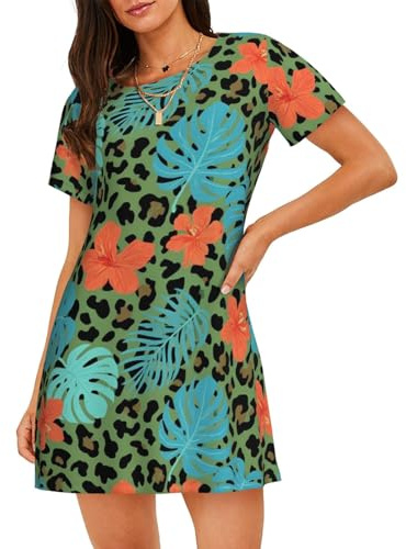 Zelinge Leopard tropisk orange grön bekväm nattklänning för kvinnor sova t-shirt nattskjorta sovklänning t-shirt nattkläder medium