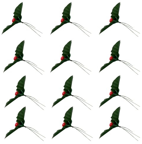 KONTONTY 50 Steli di Bacche Rosse Artificiali da 7 CM con Foglie di Agrifoglio Verdi Rami di Bacche per Ghirlande Natalizie Fai da Te Decorazioni Festive per Centrotavola e Composizioni