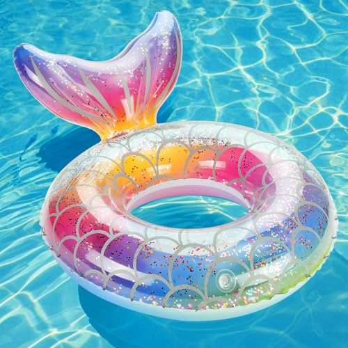 MoKo Uppblåsbar simring, barn, sjöjungfru, simdäck, vattenlekring, söt 58 cm, luftmadrass, pool, leksak, vattenleksak för sandstrand, pool, regnbåge, silver, skjul