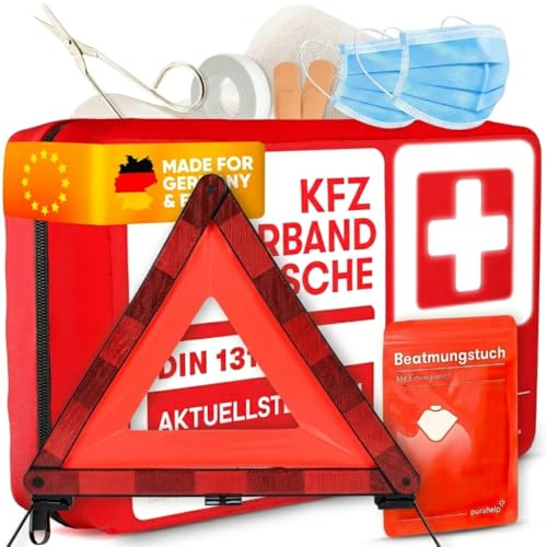 PURAHELP® KFZ Tasche + Warndreieck - Bis zu 250m sichtbar | Pannendreieck Auto Kompakt & Klappbar - Sicheres Verkehrspannen Dreieck nach EU Norm (StVO konform)
