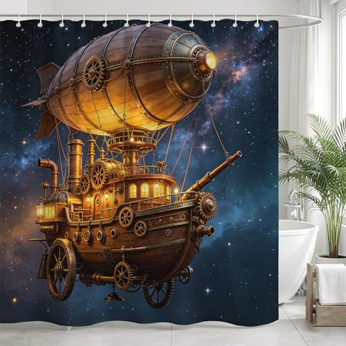Duschvorhang 180x220 cm Steampunk-Luftschiff, Duschvorhänge 3D Fantasie Shower Curtain Anti Schimmel Polyester Stoff Wasserdicht Waschbar für Badezimmer mit Haken a/2986