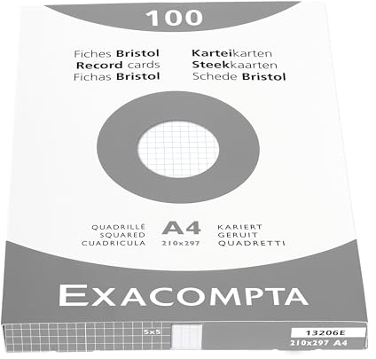 Exacompta 13206E Packung (mit 100 Karteikarten, ungelocht, DIN A4, 21 x 29,7 cm, 205 g, kariert, ideal für die Schule) 1er Pack weiß