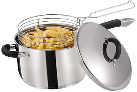 Royal Cuisine 22Cm Stainless Steel Deep Frying Chip Pan with Basket and Lid Induction Bottom Chip Fryer Silver Mirror Finish Body