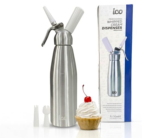 ICO Professional Aluminum Whipped Cream Dispenser for Homemade Whipping Cream, Whipped Cream Maker for Desserts, Dips, Sauces, and Infused Liquors, Silver, 1-Quart