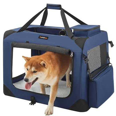 Feandrea Hundebox faltbar, Transportbox Hund, L, Hundetasche, Oxford-Gewebe, Netzstoff, atmungsaktiv tragbar transportabel, Metallrahmen, mit Griffen, Taschen, 70 x 52 x 52 cm, dunkelblau PDC70Z