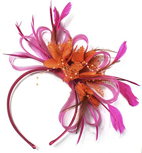 Fascinator / Haarreif, mit Federn, Fuchsia, Hot Pink und Orange