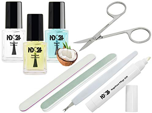 ND24 NailDesign – Nagelpflegeset mit Nagelschere, Nagelfeile, Polierfeile, Nagelhautentferner, Nagelhaut-Pflegestift, Nagelöl, Aufbaugel & Nagelhautmesser – 8-teiliges Maniküre & Pediküre Set (SOS 1)