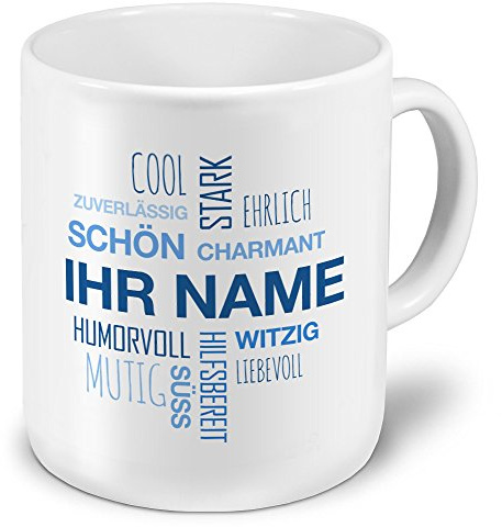 XXL Riesen-Tasse mit Namen personalisiert - Motiv Positive Eigenschaften (Modern) Blau - individuell gestalten - Namenstasse, Kaffeebecher, Becher, Mug