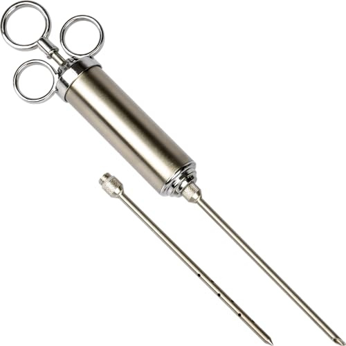 Browin® Edelstahl Fleischspritze 311102 | Marinierspritze mit 2 Nadeln | BBQ Bratenspritze für Rindfleisch, Hähnchen, Speck | Pökelspritze 60 ml| Leicht zu bedienende Marinadenspritze