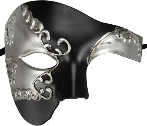 Thmyo Vintage Design Half Face Men's Phantom Of The Opera Venetian Carnival Masquerade Mask (Black&Silver)
