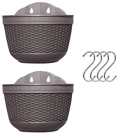 Set von 2 Stück Hängepflanzgefäßen Outdoor Hängekorb Kunststoff Blumentopf Pflanzen Halter Aufhänger für Balkon Zaun Wand montiert Pflanzgefäße Hängende Zaun Pflanzgefäße mit Drainage und 4 Haken
