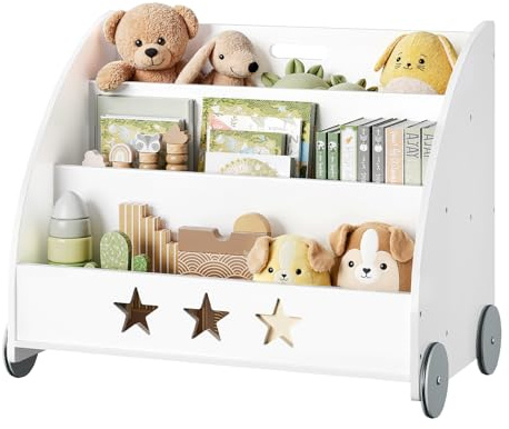 WOLTU Libreria per bambini in legno, scaffale per giocattoli a 3 livelli, organizza libri con ruote cameretta, bianco