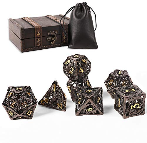 AncientDeer DND Dice Set 7 Pieces D&D Pure Copper Hollow Polyhedral DND Dice W/Gift Box & Dice Bag for DND RPG Explorers Savage World and Table DND Dungeons and Dragons Role Playing