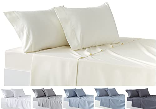 Todocama Set di lenzuola da 4 pezzi, lenzuolo con angoli elasticizzati - sopra - due federe da 50 x 80 cm. (letto 90-90 x 190/200 cm, beige)