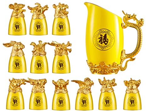 TOPBATHY Tazza Di Liquore Dello Zodiaco Cinese Bianco Placcato in Oro Creativo Caraffa Per Vino e Contenitore Per Conservazione