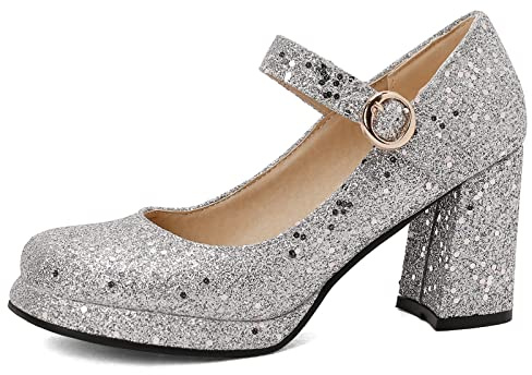 Lizoleor Hochzeit Blockabsatz Mary Jane Bride Runde Zehen Sequins Plateau Schuhe Komfort Prom Höhe Ferse Pumps Party Prom Silber Gr 38 EU/39Cn