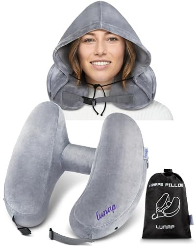 lunap Nackenkissen Flugzeug aufblasbar GRÖßE L Nackenkissen Aufblasbar mit Kapuze | Nackenhörnchen Erwachsene Grau | Reisekissen zum aufblasen | Neck Pillow | Reisekissen Flugzeug Kissen