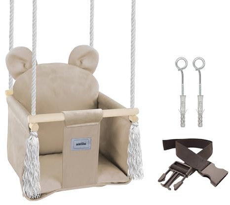 NATILU® Babyschaukel Indoor Outdoor | Bär Light Beige Velvet | Babyschaukel | Baby schaukel Indoor | Kinderschaukel aus Holz | Holzschaukel für Kinder | Schaukeln für türrahmen