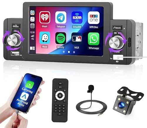 Hikity 1 Din Autoradio Wired Carplay Android Auto mit 5 Zoll Bildschirm Auto Radio Touch Display mit Bluetooth Freisprecheinrichtung Mirror Link FM Radio USB SWC Externes Mikrofon + Rückfahrkamera
