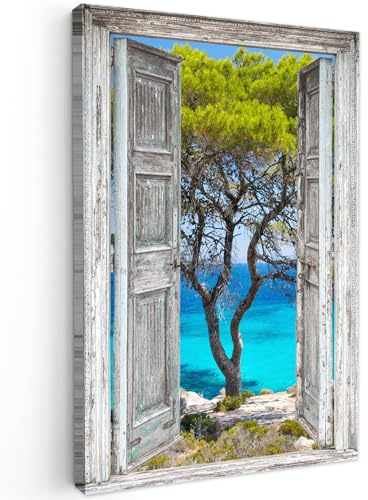 MuchoWow© Bild auf Leinwand Schlafzimmer Bilder Wand Deko Wohnzimmer Modern | 60x90 cm - Wanddeko Bilderwand Geschenk Baum - Tropisch - Meer - Fensterblick - Strand