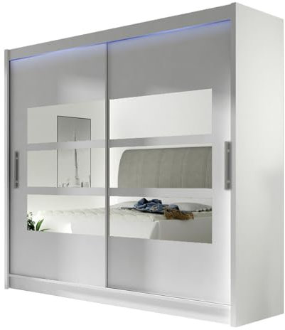 Mirjan24 Kleiderschrank mit Spiegel London III, Schwebetürenschrank, 180x215x58cm, Schiebetürenschrank, Modernes Schlafzimmerschrank Garderobe (Weiß, mit RGB LED Beleuchtung)