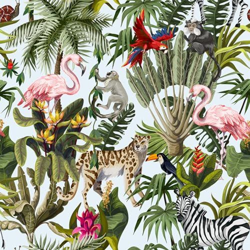 VEELIKE White Jungle Wallpaper Flamingo Tropical Leaf Contact Paper for Furniture Stickers Self Adhesive Lining Paper for Drawers Bird Zebra Cheetah Patterned Wallpaper Floral Wall Mural 44.5cm×300cm