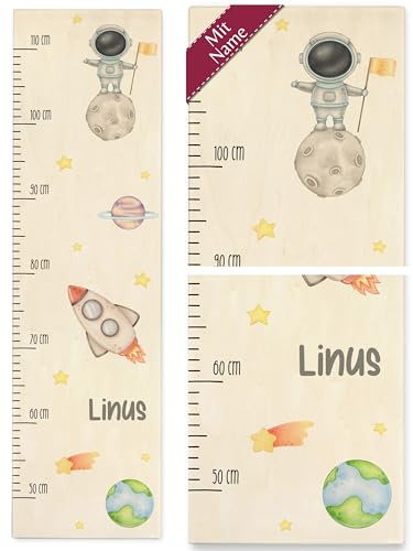 Messlatte Kinder - Weltall mit Astronaut und Name Rakete Erde Stern Mondlandung Raumanzug Weltraum - 50-110 cm - Holz - messlatte+kinder+weltall astronauten kind personalisiertes kleinkind
