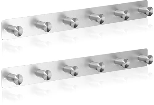 RICOO 2 x Wandgarderobe Metall Garderobenhaken MH025S-6x2 Hakenleiste 6 Edelstahl Haken zum Einhängen Garderobenhakenleiste Kleiderhaken Wand Handtuchhaken zum Bohren Garderobenleiste Metallhaken