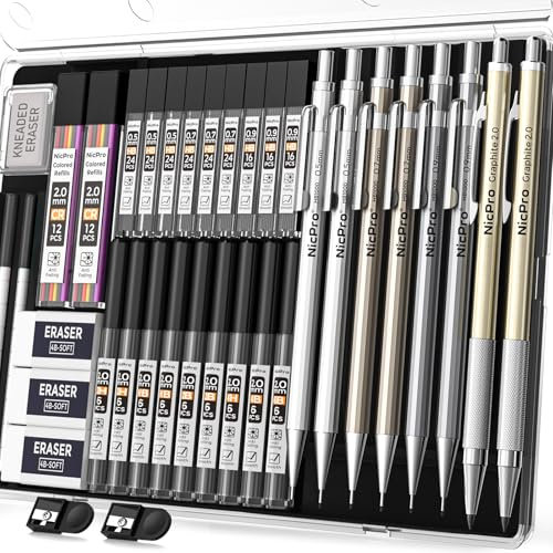 Nicpro 37PCS Art Mechanical Pencil Set, Metal Drafting Pencils 0.5 mm, 0.7 mm, 0.9 mm & 2mm Lead Pencil Holder (6B 4B 2B HB 2H 4H Colors) For Sketching Drawing With 20 Tube Lead Refills Eraser Case
