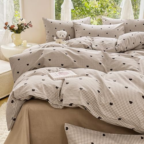 Freyamy Bettwäsche 200x220cm 3teilig Khaki Braun Herz Kariert Wendebettwäsche Liebe Gitter Bettwaren-Sets 100% Microfaser Mädchen Bettbezug mit Reißverschluss und Kissenbezug 80x80cm