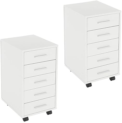 ML-Design Set 2x Cassettiera Mobile da Ufficio 33 x 38 x 63,5 cm Bianco con 5 Cassetti Rivestimento a Melamina e Maniglie in Alluminio, Mobiletto Archivio Documenti Armadio Portaoggetti con Ruote