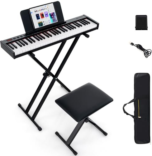GYMAX 61 Key Digital Piano and Stool, Portable Electronic Keyboard with Adjustable & Folding Stand, Bluetooth MIDI/Audio, Sustain Pedal&Carry Bag, Semi Weighted Keyboard Piano Set for Beginners Adults