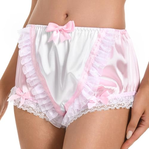 Satini Utsmyckad Spets Sissy Silke Siden Full Täckning Vuxen blöjskydd Kalsonger Underkläder Underkläder Satintrosor (Babyrosa - Vit, XL)