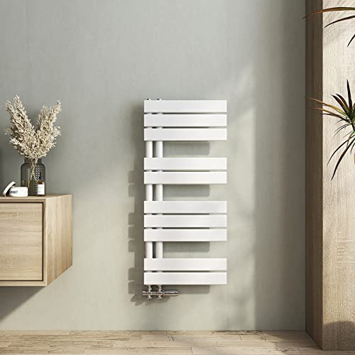 Heilmetz Radiador toallero de Tubo Plano 400 x 899mm, radiador toallero electrico baño Caliente de una Cara, conexión Lateral para toallero de Agua Caliente, Blanco