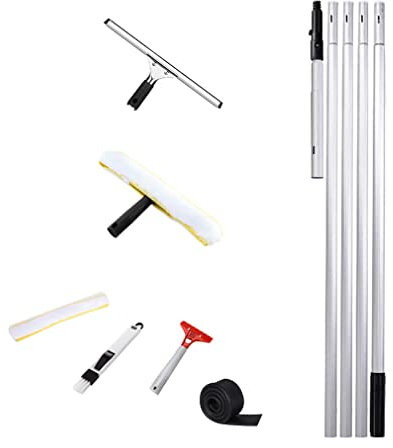 Limpiacristales para ventanas con estropajo de microfibra, barra de extensión de 4,4 m, mango de aleación de aluminio ligero, escobilla de goma incluida