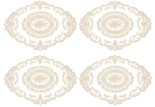 QUARKZMAN 4 Stück Retro Spitzen Tischset Spitzendeckchen 31x42 cm Ovale Bestickte Tischsets Französische Häkeldeckchen Untersetzer Tassenmatte für Zuhause Hochzeit, Reines Dunkelbeige