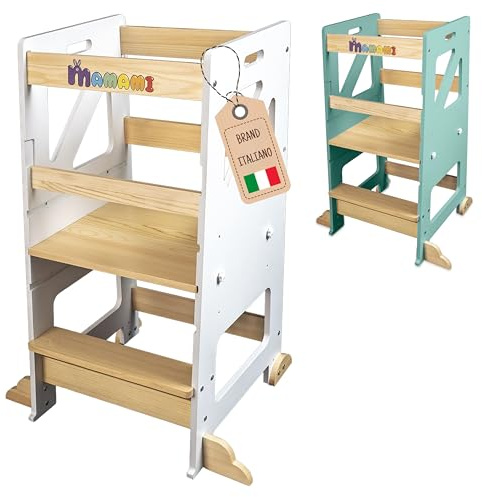 MAMAMI® Torre montessoriana per Bambini, Torre di Apprendimento Montessori in Legno Regolabile, Sicura Antiribaltamento e Antiscivolo, Bianco e Legno Naturale, 48x45x90 cm