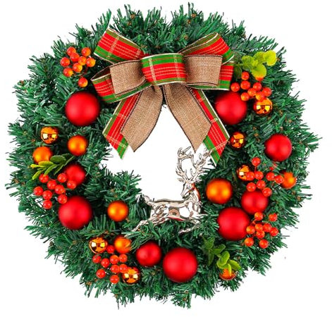 Luxuriöser Weihnachtskranz mit Schleife, dekoriert, mit Kugeln, eleganter Weihnachtskranz mit Festival-Ornament für drinnen