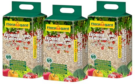 Floragard - 3x20L - Paillis pour Fraises et Légumes, Paillis Durable à Base de Miscanthus, sans Pesticides, Réduction des Mauvaises Herbes et Utilisable pour Le Jardin et Les Petits Animaux