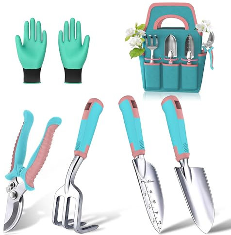 6PCS Garden Hand Tools Set: 2.0mm Stainless Steel Heavy Duty Gardening Tools for Women Beginners with Pruner Trowel Transplanter Hand Rake Gloves & Storage Tote for Planting Weeding Pruning