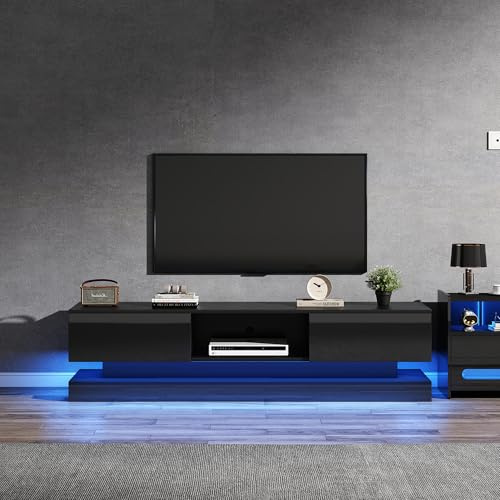 Merax Schwarzer Hochglanz TV-Ständer LED TV Lowboard mit App-Steuerung, 2 Schubladen, Anti-Kipp-Design,geeignet für 60 Zoll Fernseher - für Wohnzimmer und Home Office 160x35x40,5 cm