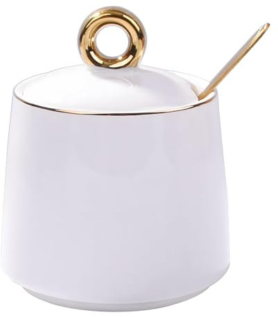 Zuccheriera in Ceramica con Coperchio e Cucchiaio, Contenitore per Sale e Pepe, Bianco