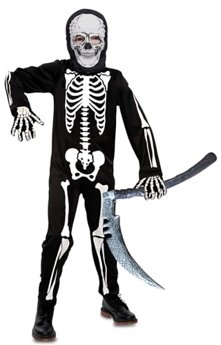 SUBRINGE Disfraz de Esqueleto para niños y niñas, Disfraz Infantil Esquelet Con Hoz Corta, Disfraces de Esqueleto Oscuro, Perfecto para Halloween, Carnavales y Fiestas Temáticas (S)