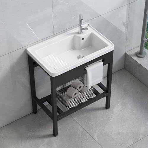 Fregadero Independiente, Pila Lavadero de Cerámica con Tabla de Lavar, Soporte y Kit de Desagüe, Fregadero de Lavandería, Grifo de Agua Fría y Caliente(51x36x82cm)
