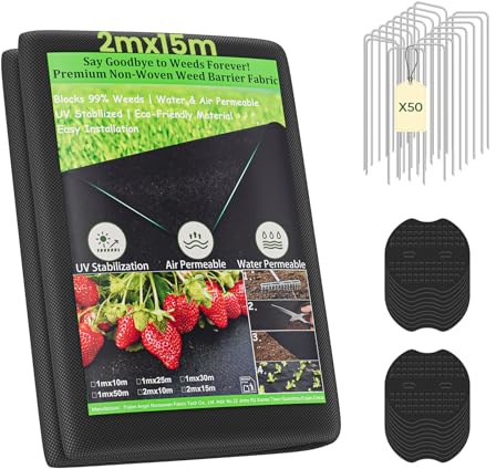Dripex Telo Pacciamatura 2mx15m con 50 Picchetti, 100g/m² Telo Anti Erbacce per Orto, Giardino, Permeabile all'Acqu, Stabilizzazione UV, Barriera per Erbaccia